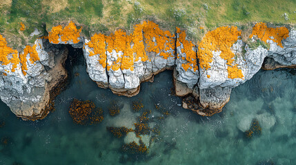 A highly detailed drone photography capturing the textures of a rocky shore, with moss-covered stones submerged in shallow, glistening water and the patterns created by the ebb and flow of the waves.