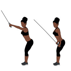 A Black African woman in black clothing doing back pulldowns exercise. Flat vector illustration isolated on white background.