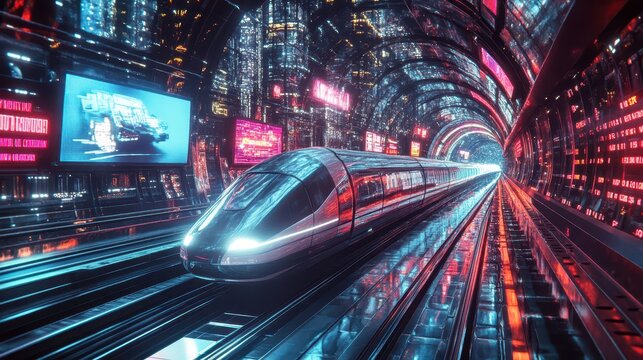 Futuristic Hyperloop Train in Neon City Tunnel