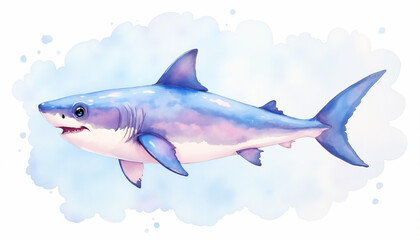 Obraz premium A blue and white shark is swimming in the ocean. The shark has a mouth open and is looking at the camera