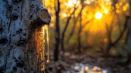 Sunlight Glimmering Through Trees with Resin Dripping from Bark