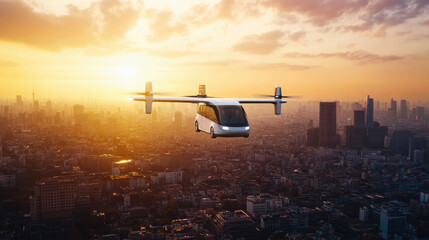 A high-tech electric air taxi soars above a futuristic city at sunset, with an ultra-modern design reflecting golden hues, representing next-generation, sustainable, and autonomous urban transport.