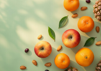 Fresh Citrus Fruits, Nuts, and Green Vegetables on a Colorful Background