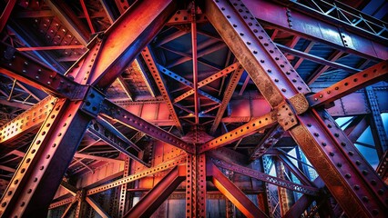 Fototapeta premium Panoramic View of a Robust Riveted Steel Structure, Industrial Strength Beams, Heavy Construction