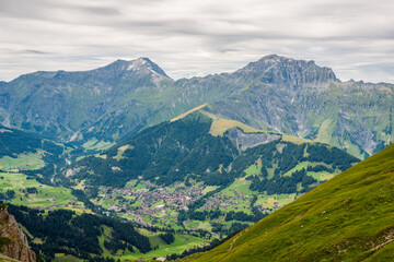 Summer panoramic view of Adelboden and the surrounding mountains, Swiss Alps, Switzerland, Europe.