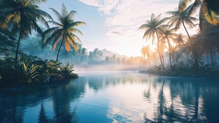 Tranquil Tropical Paradise with Palm Trees and Calm Water Reflection