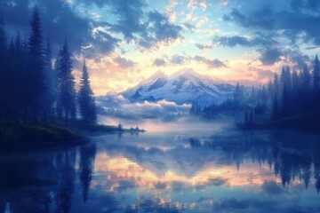 Fototapeta premium Mt Rainier Reflections in Beautiful Blue Calm Waters at Dawn