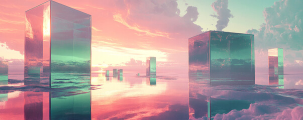 Surreal Landscape with Reflective Glass Cubes at Sunset