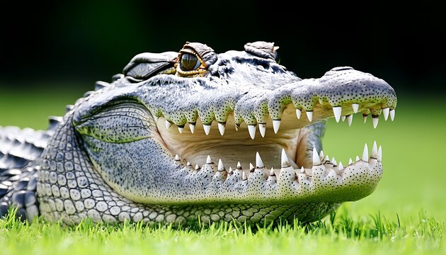 Alligator resting, jaws open, green grass