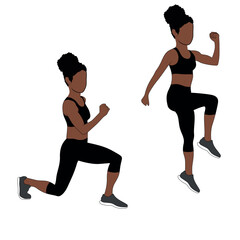 A Black African woman in black clothing doing jumping luges exercise. Flat vector illustration isolated on white background.