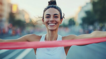 Joyful woman crossing the marathon finish line, celebrating her personal achievement and self-discovery.