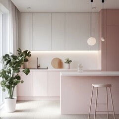 A modern minimalist kitchen in a pastel pink and white color scheme