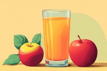 Fototapeta premium Pouring apple juice into a tall glass, dynamic splash effect, golden liquid flowing smoothly, healthy fruit drink advertisement, fresh and natural, book illustration style