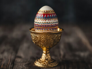Decorative Easter egg in ornate golden chalice on wooden table