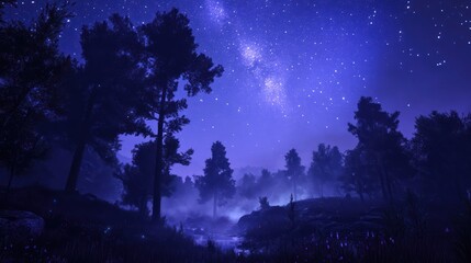 Night forest, Milky Way, misty valley, stargazing, nature background
