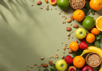 Fresh Citrus Fruits, Nuts, and Green Vegetables on a Colorful Background