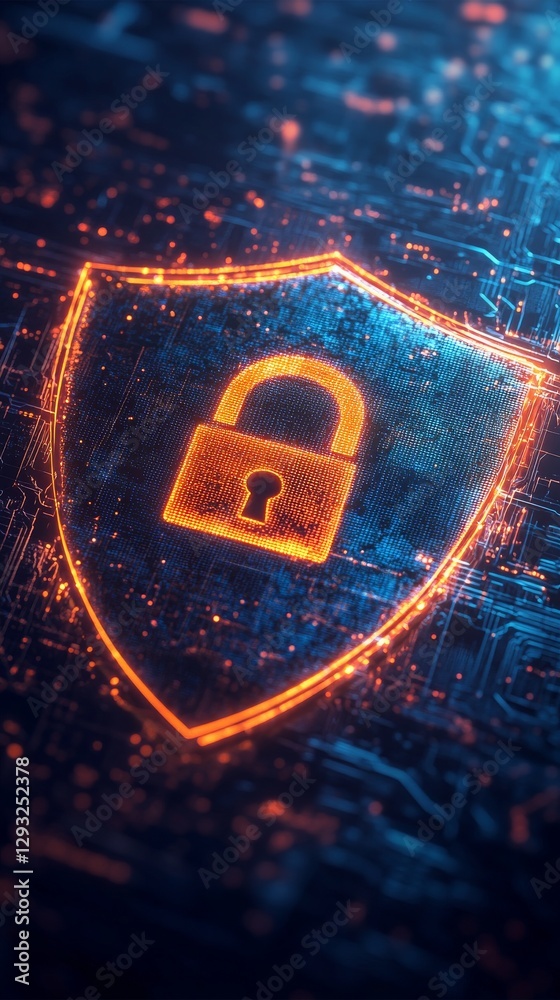 Aufkleber Digital security concept with glowing padlock and shield on cyber background. Cybersecurity and data protection symbol