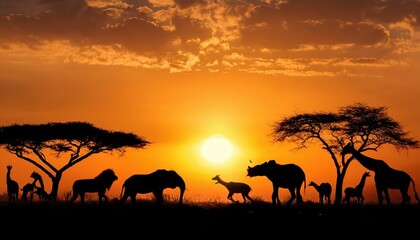Fototapeta na wymiar African Savannah Sunset Majestic Wildlife in the Soft Glow of Dusk, Silhouetted Against the Blushing Sky, Beneath a Canvas of Warmth and Mystery.