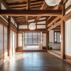 Fototapeta premium A wooden interior scene of a traditional Japanese home
