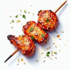 Grilled Chicken Skewer with Sesame Seeds and Herbs on White Background