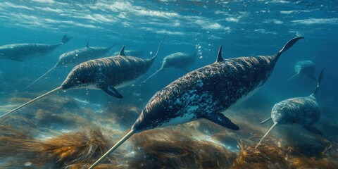 Fototapeta premium Narwhals in the Wild: Exploring Underwater Adventure with Pod of Fish in Baffin Island, Canada