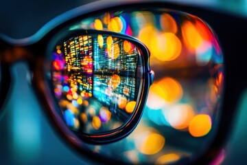 Closeup of prescription eyeglasses reflecting city lights urban environment high quality image detailed viewpoint artistic concept of eyewear and reflection