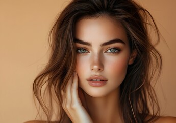 Fototapeta premium A woman with long brown hair and striking blue eyes displaying elegance and beauty in her demeanor