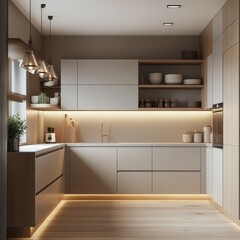 A modern kitchen is shown with minimalistic lighting
