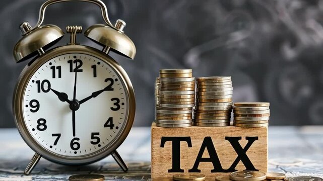 Tax season. Taxation. Word Tax on wooden blocks, calculator, coins stack, clock. Paperwork, financial research, report. Calculation tax. Personal banking. Finance. Planning budget. Calculating expense