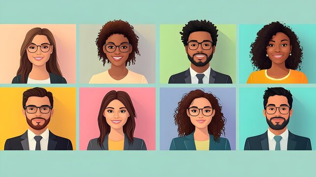 flat vector illustration of diverse multicultural avatars of men and women, representing a happy, inclusive community. characters in professional business attire, inclusion.