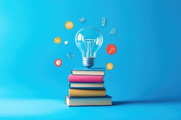 A playful and vibrant design featuring books stacked in the shape of a lightbulb, with small scientific icons scattered around to symbolize knowledge expansion