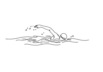 Swimmer Practicing Freestyle Stroke in Water Outline Art on White