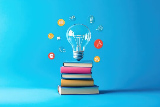 A playful and vibrant design featuring books stacked in the shape of a lightbulb, with small scientific icons scattered around to symbolize knowledge expansion