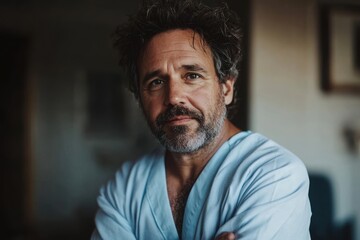 Fototapeta premium Portrait of a man in hospital pajamas with an optimistic facial expression . 