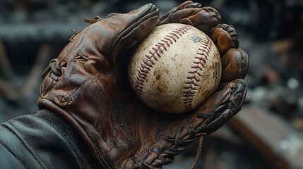 A worn glove holds a weathered baseball, evoking nostalgia for the game amidst a backdrop of decay.