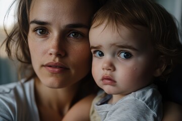 Young mother with child in pediatrician's office, anxious look . 