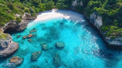 A vibrant aerial photography of a hidden cove, where the sandy beach transitions into a bed of colorful stones, surrounded by lush green cliffs and azure waters.
