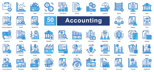 Accounting icon set in Blue Color style, featuring 50 icons of finance, auditing, bookkeeping, and investment. Perfect for financial reports, business analysis, and corporate presentations.