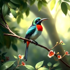 A Vibrant Tropical Bird Perched on a Delicate Branch Amidst Lush Green Foliage, Surrounded by Sunlit Blossoms in a Serene Forest Setting