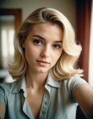 Fototapeta premium Woman with blonde hair in a soft light relaxing at home