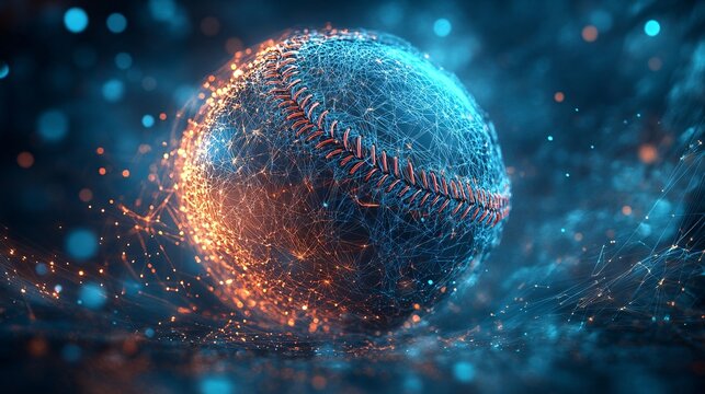 A glowing baseball surrounded by dynamic particles, set against a vibrant blue background, showcasing a blend of technology and sports.