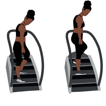 A Black African woman in black clothing doing side walks on stair master exercise. Flat vector illustration isolated on white background	