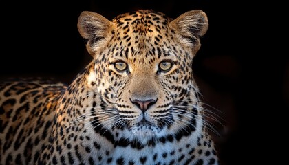 Naklejka premium Striking African Leopard in Moremi Game Reserve Majestic Panthera leopard Pardus Pardus, Detailed Headshot at Okav at Bold and Beautiful Wildlife Portrait, Perfect for Digital Art, Home Decor,