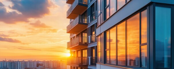 Modern high-rise apartment exterior with glass windows reflecting the vibrant city skyline at sunset.