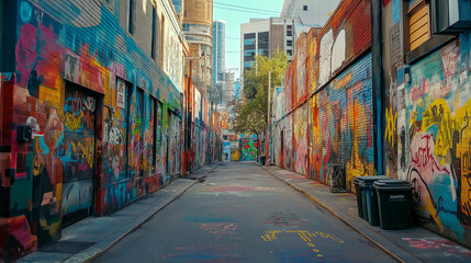 Fototapeta premium A hidden alleyway filled with colorful street art murals