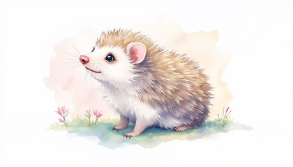 A cute little hedgehog is sitting in a field of flowers. The flowers are pink and white, and the hedgehog is looking up at the camera with a smile on its face. The scene is peaceful and serene