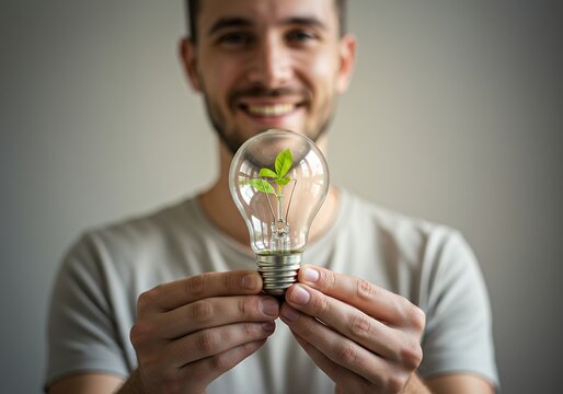 Green Energy Concept: Man Holding a Light Bulb with a Plant Inside