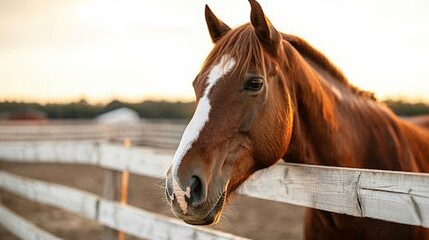 Obraz premium Chestnut horse in pasture leaning on wooden fence at sunset