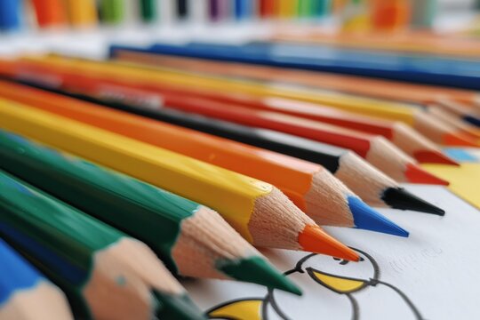 Colorful array of pencils on drawing sheet with duck sketch