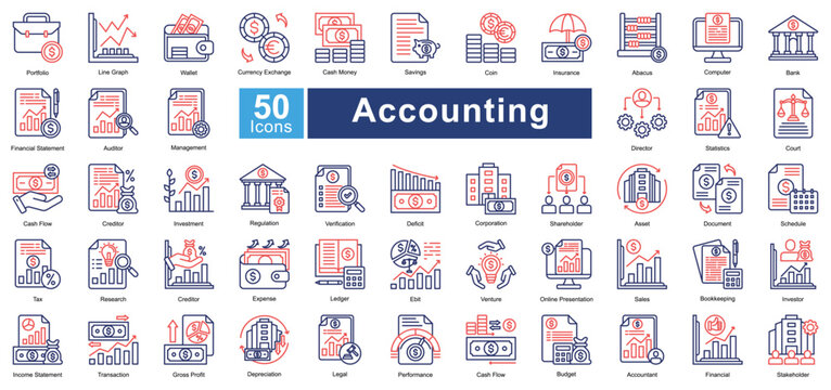 Accounting icon set in Dual Tone style, featuring 50 icons of finance, auditing, bookkeeping, and investment. Perfect for financial reports, business analysis, and corporate presentations.